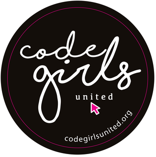 code girls united logo round black background with white letters