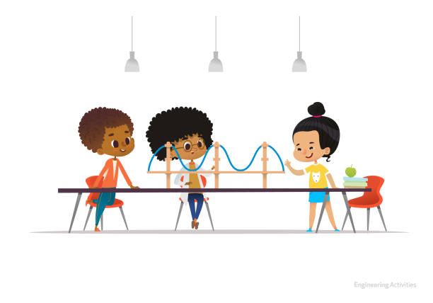 Cartoon of kids at a table building a bridge