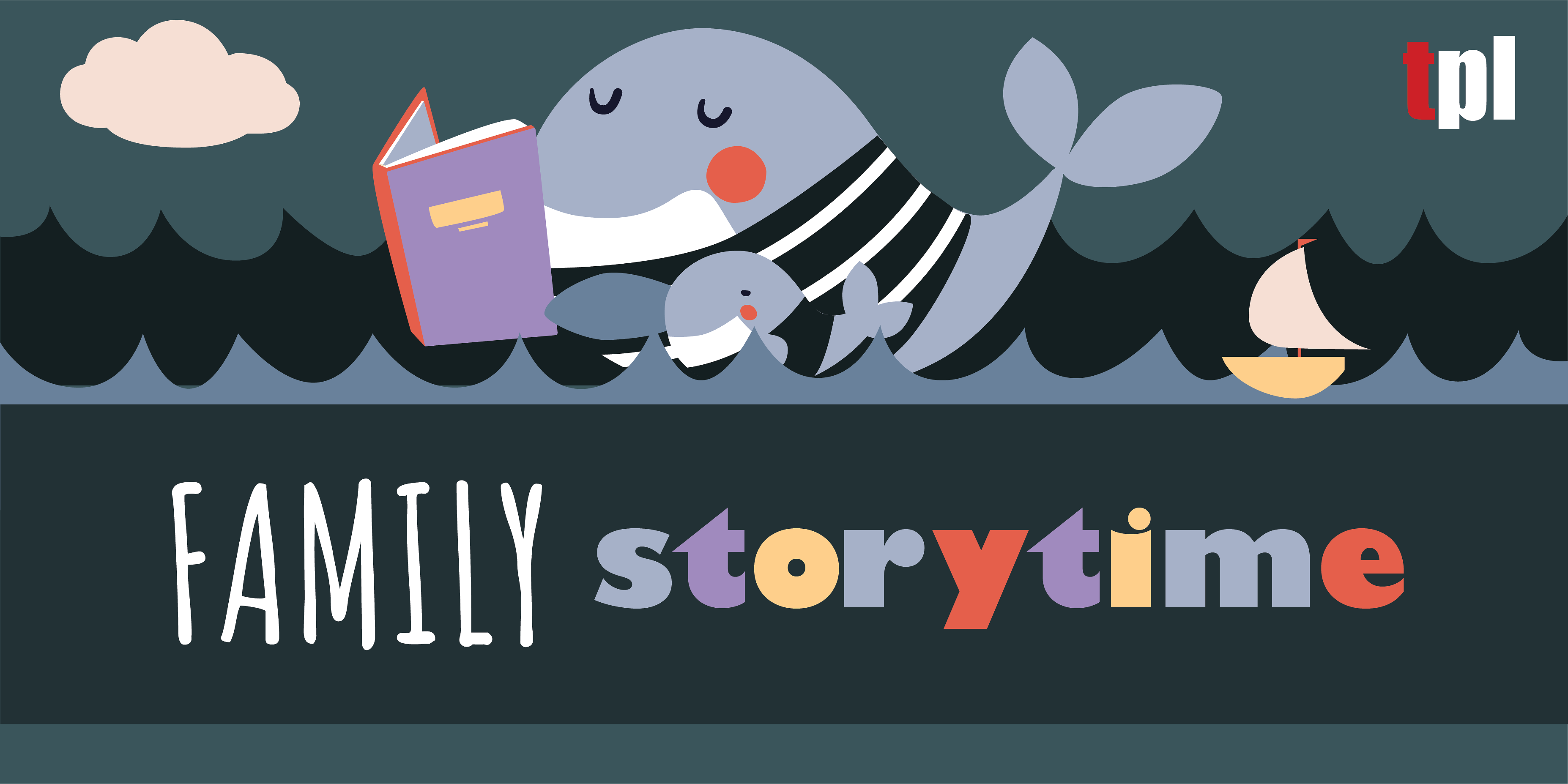picture of family storytime with a fish reading a book