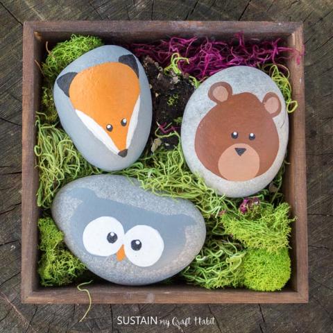 wooden box with rocks with painted animal faces