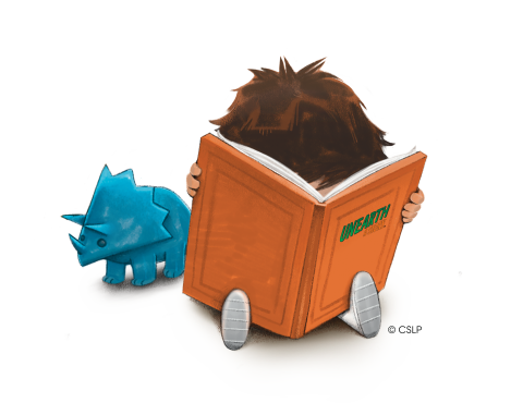 child reading with a dinosaur